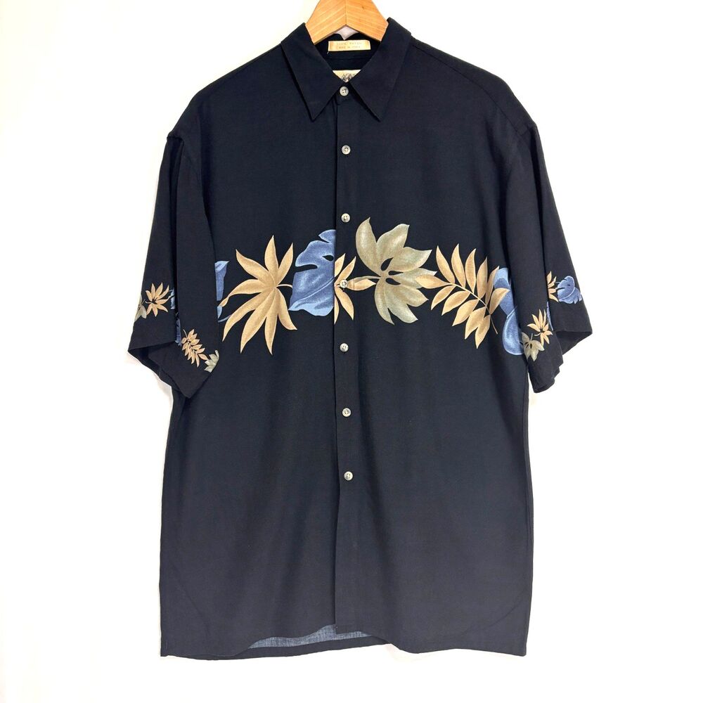Campia Moda Mens Hawaiian Shirt Sz M Black Rayon Floral Camp Cabana Vacation